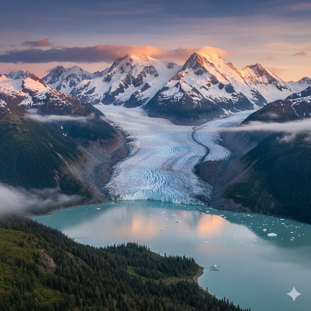 A glacier flowing between snow-capped mountains into a lake at sunset
